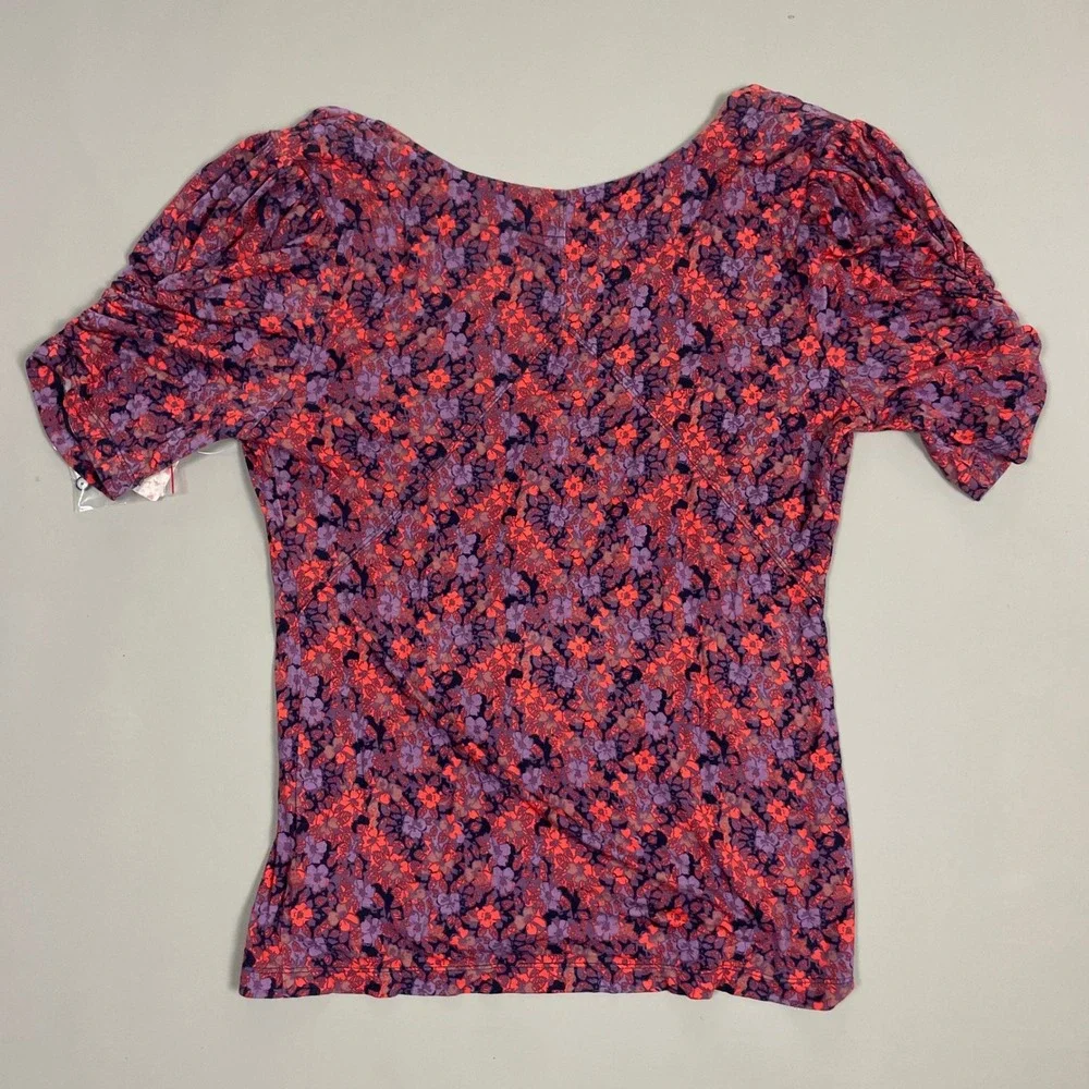 Free People Plum Floral V-Neck Button Front Puff Sleeve Top Retail $78 Womens L